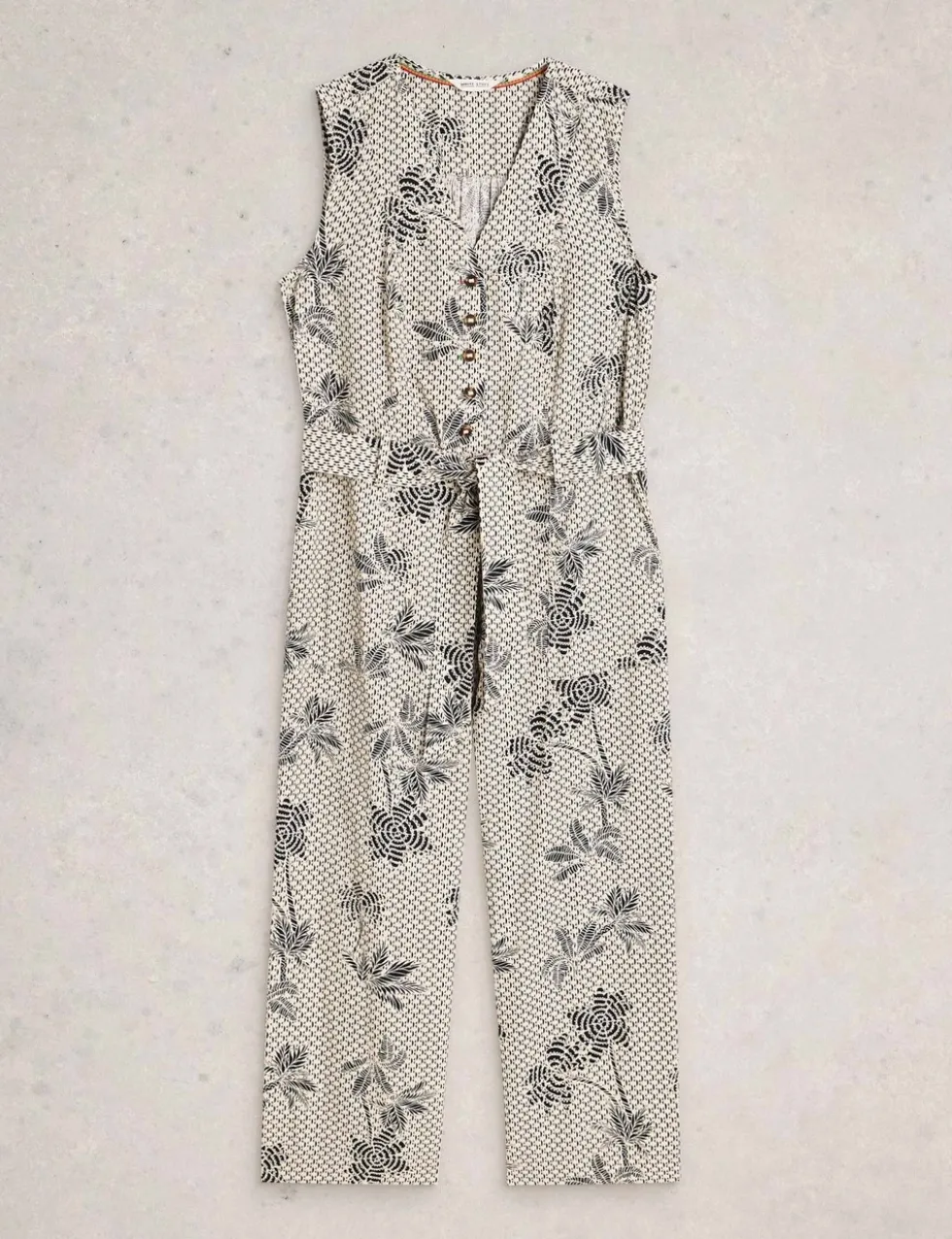 Linen Rich Floral Belted Sleeveless Jumpsuit