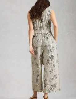 Linen Rich Floral Belted Sleeveless Jumpsuit