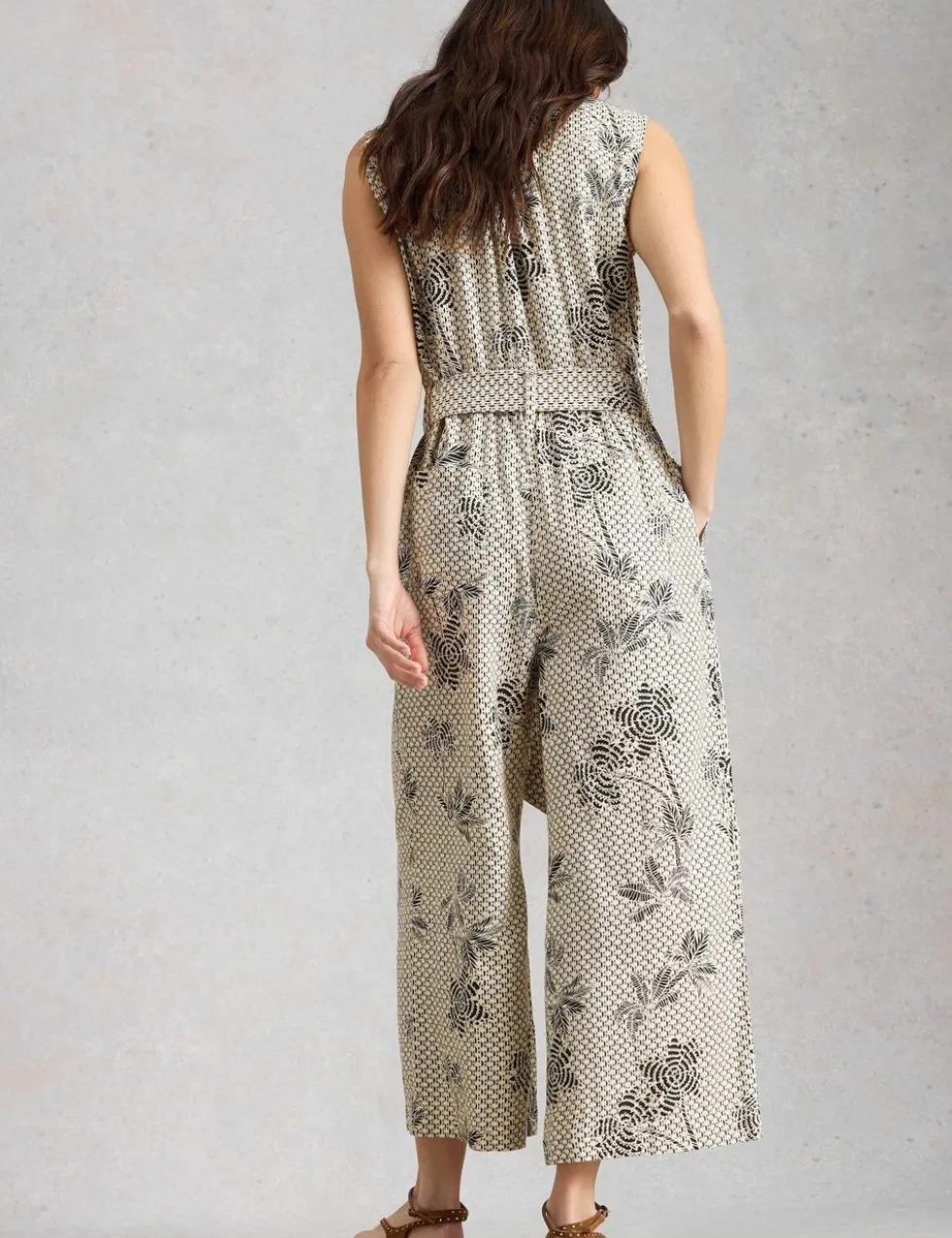 Linen Rich Floral Belted Sleeveless Jumpsuit