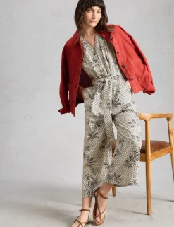 Linen Rich Floral Belted Sleeveless Jumpsuit