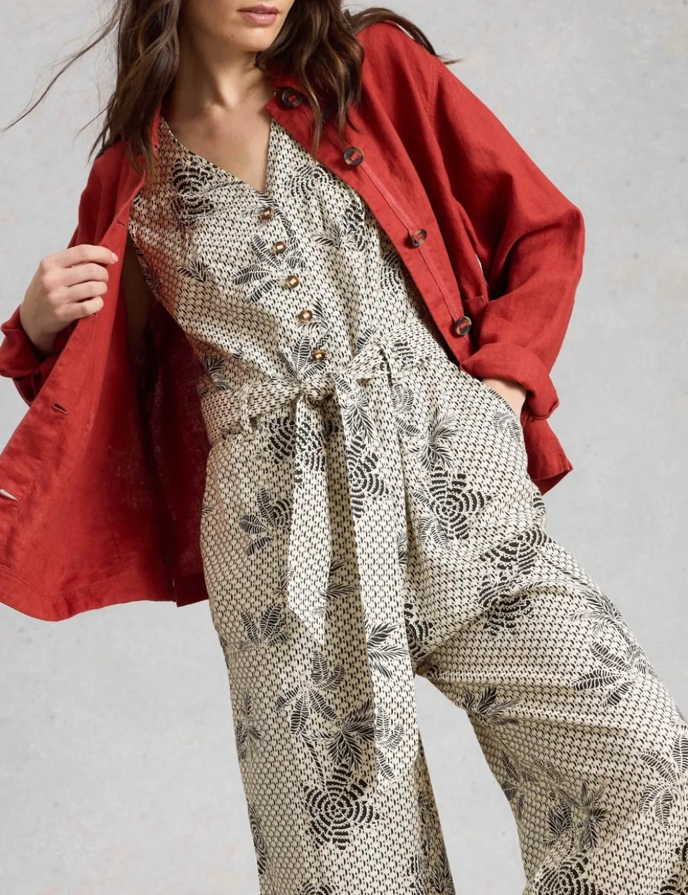 Linen Rich Floral Belted Sleeveless Jumpsuit