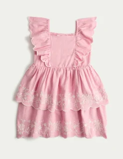 Linen Rich Floral Embroidered Frill Dress (2-10 Yrs)