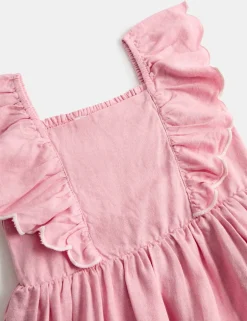 Linen Rich Floral Embroidered Frill Dress (2-10 Yrs)