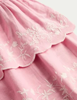 Linen Rich Floral Embroidered Frill Dress (2-10 Yrs)