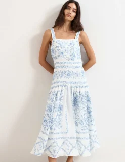 Linen Rich Floral Midaxi Waisted Dress
