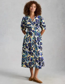 Linen Rich Floral Midi Waisted Dress