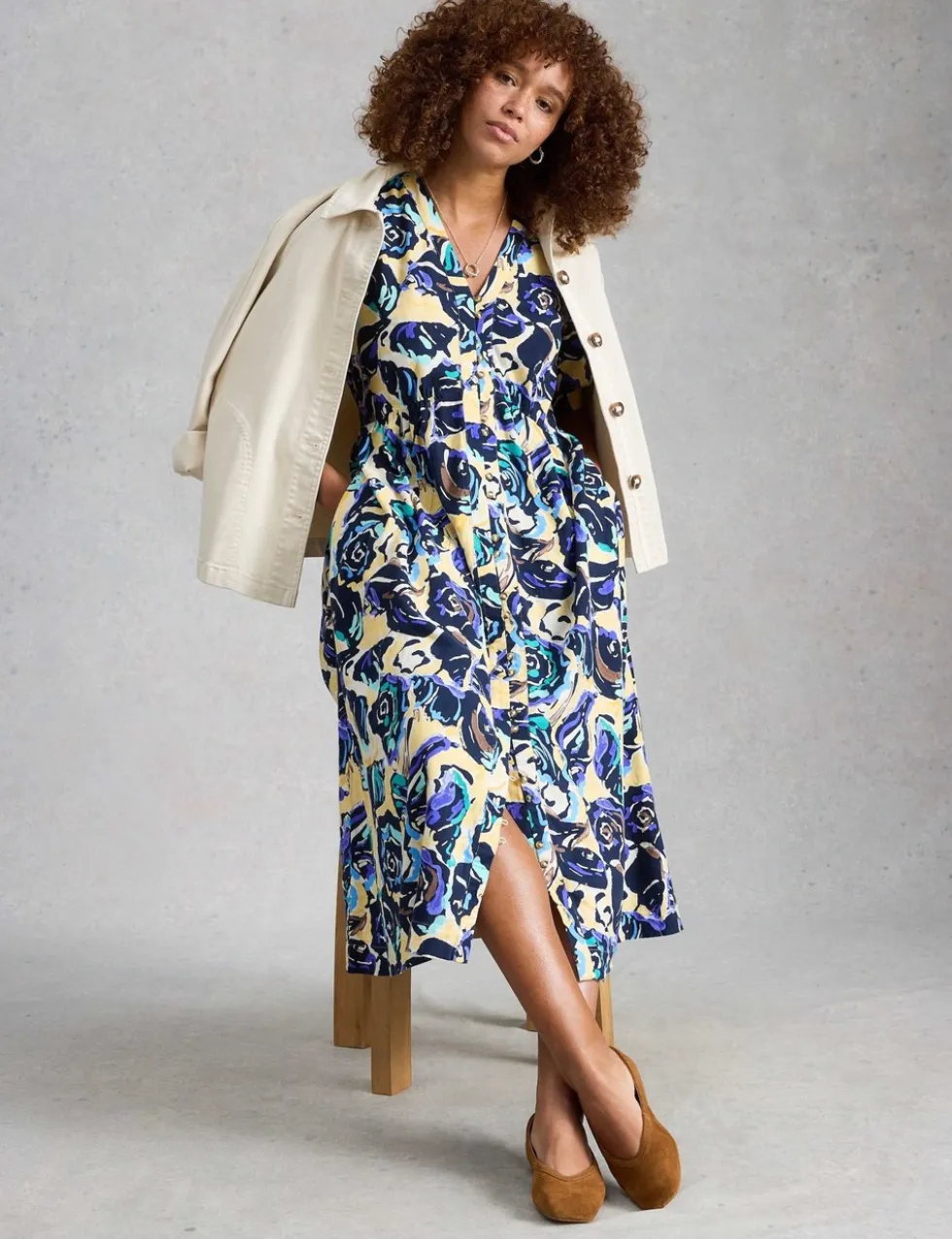 Linen Rich Floral Midi Waisted Dress