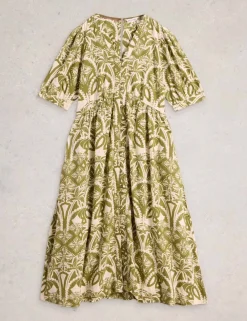 Linen Rich Floral Midi Waisted Dress