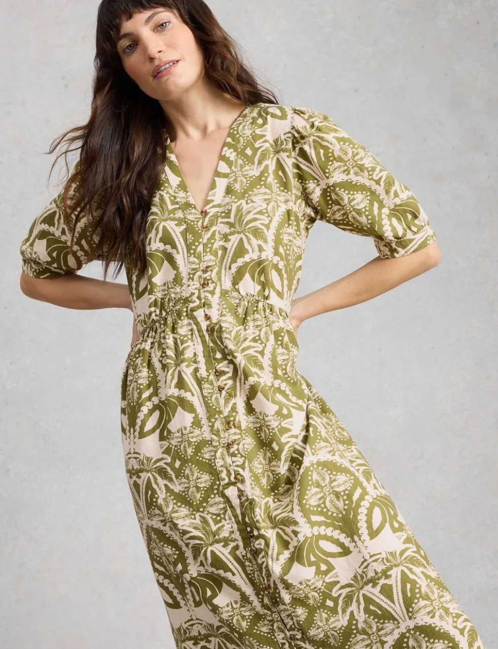 Linen Rich Floral Midi Waisted Dress