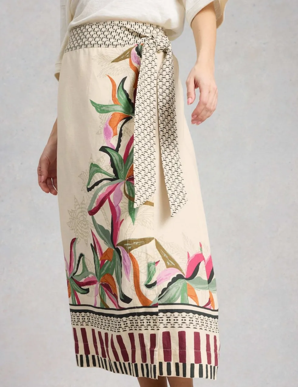 Linen Rich Floral Midi Wrap Skirt