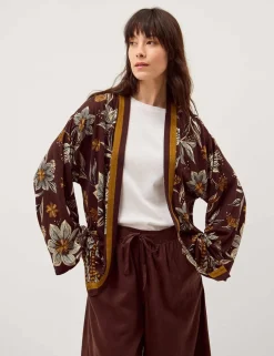 Linen Rich Floral Open Front Cardigan