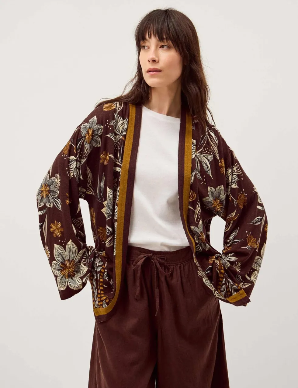 Linen Rich Floral Open Front Cardigan