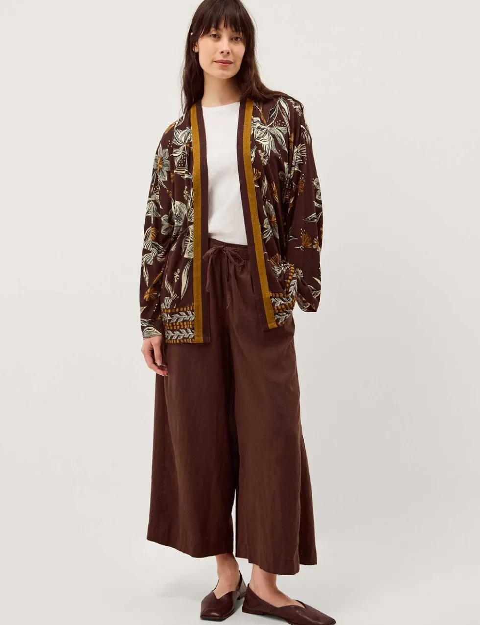 Linen Rich Floral Open Front Cardigan