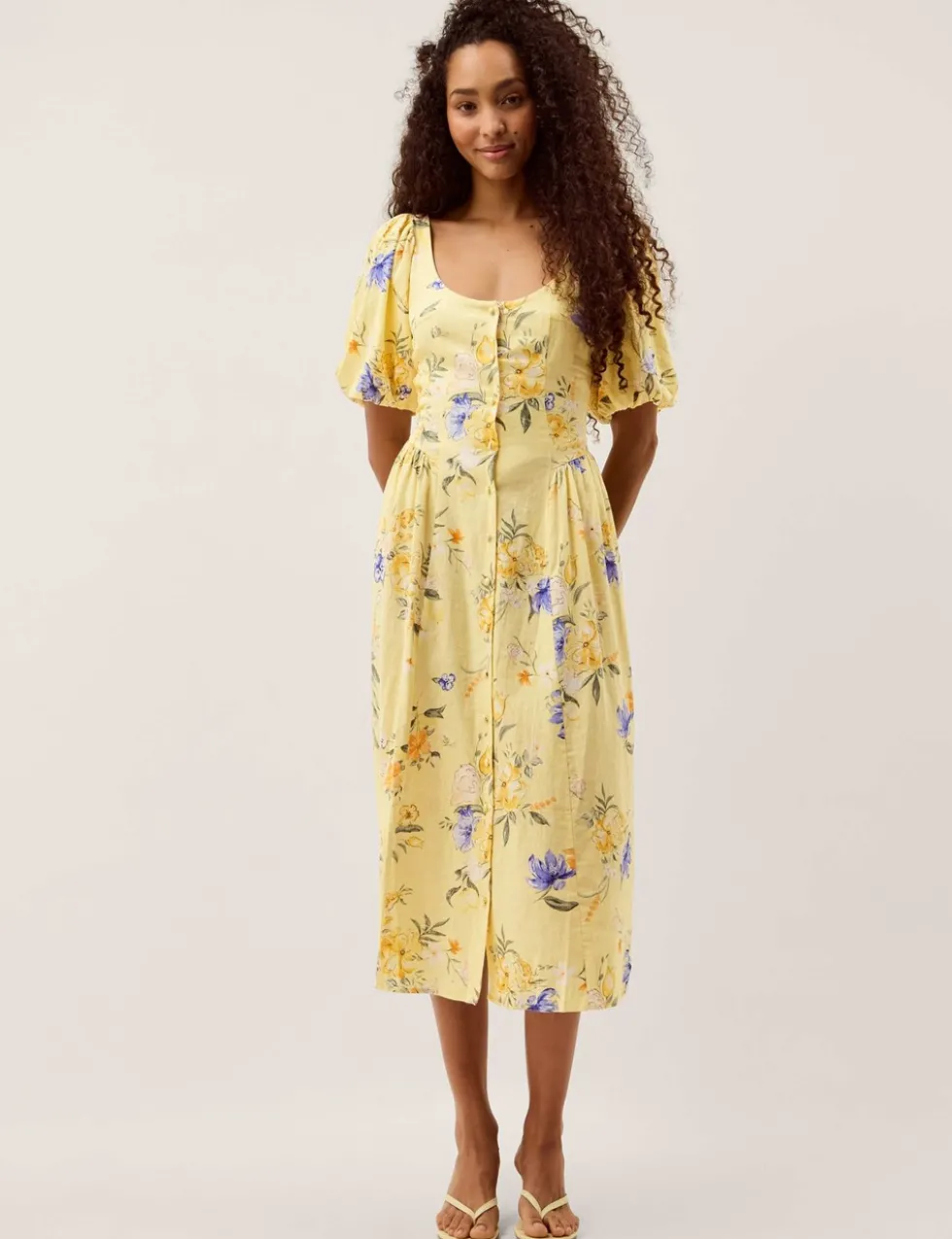 Linen Rich Floral Scoop Neck Midaxi Dress