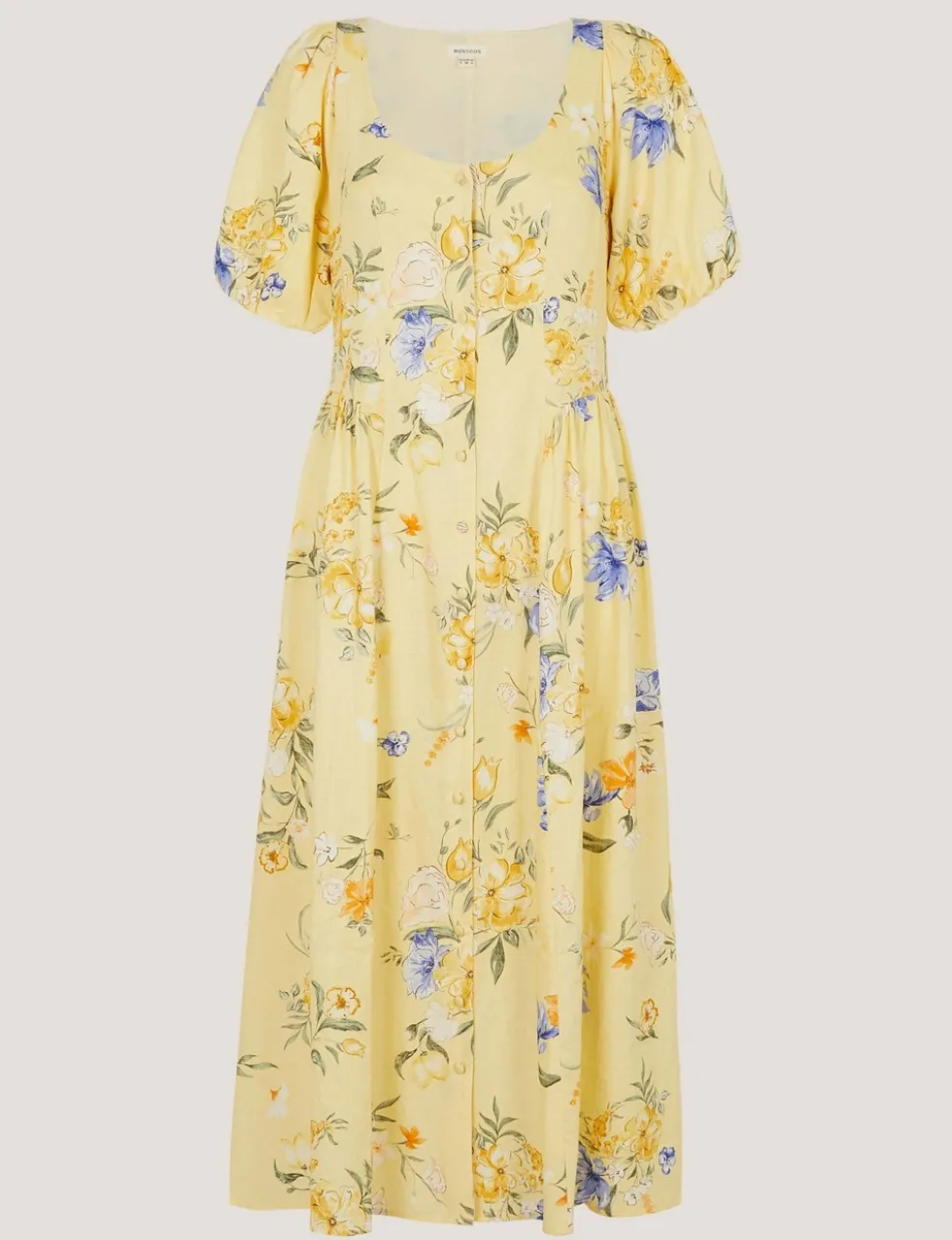 Linen Rich Floral Scoop Neck Midaxi Dress