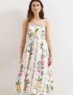 Linen Rich Floral Square Neck Skater Dress