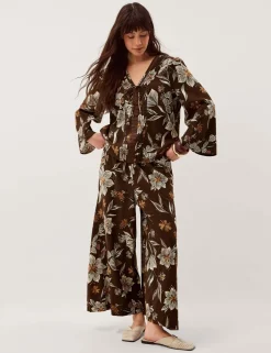 Linen Rich Floral Straight Leg Cropped Trousers