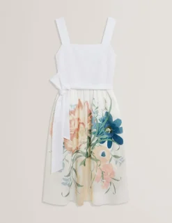 Linen Rich Floral Tie Waist Midi Dress