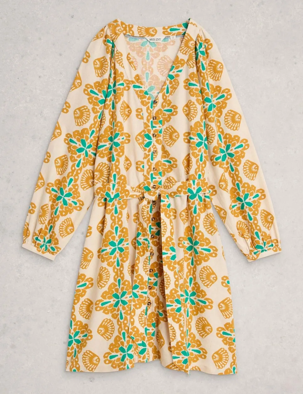 Linen Rich Floral V-Neck Mini Waisted Dress
