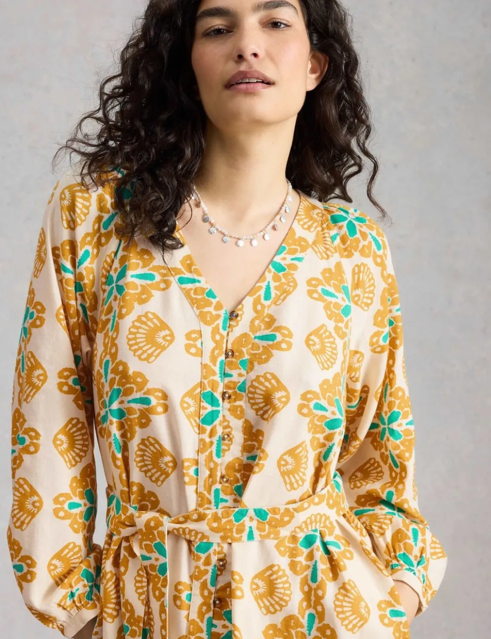 Linen Rich Floral V-Neck Mini Waisted Dress