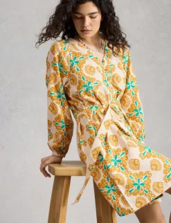 Linen Rich Floral V-Neck Mini Waisted Dress