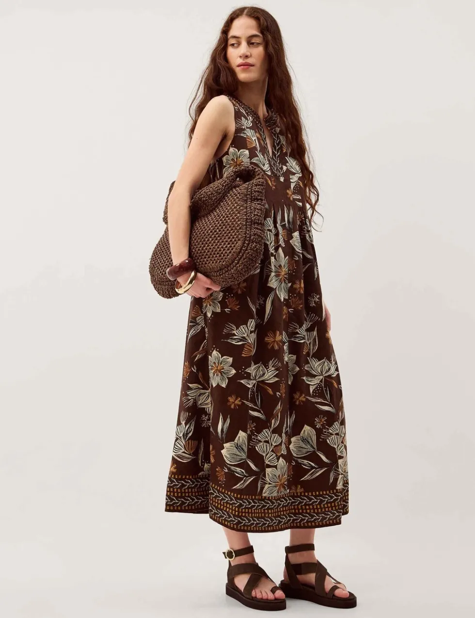 Linen Rich Floral V-Neck Midi Shift Dress