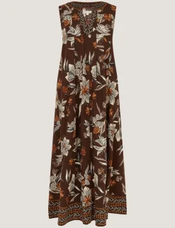 Linen Rich Floral V-Neck Midi Shift Dress