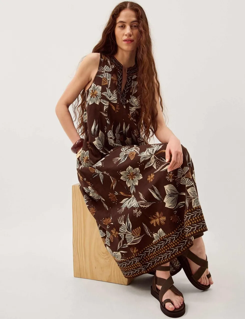 Linen Rich Floral V-Neck Midi Shift Dress