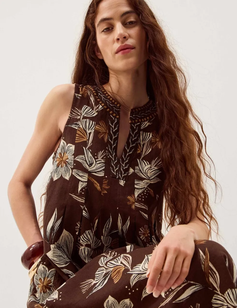 Linen Rich Floral V-Neck Midi Shift Dress