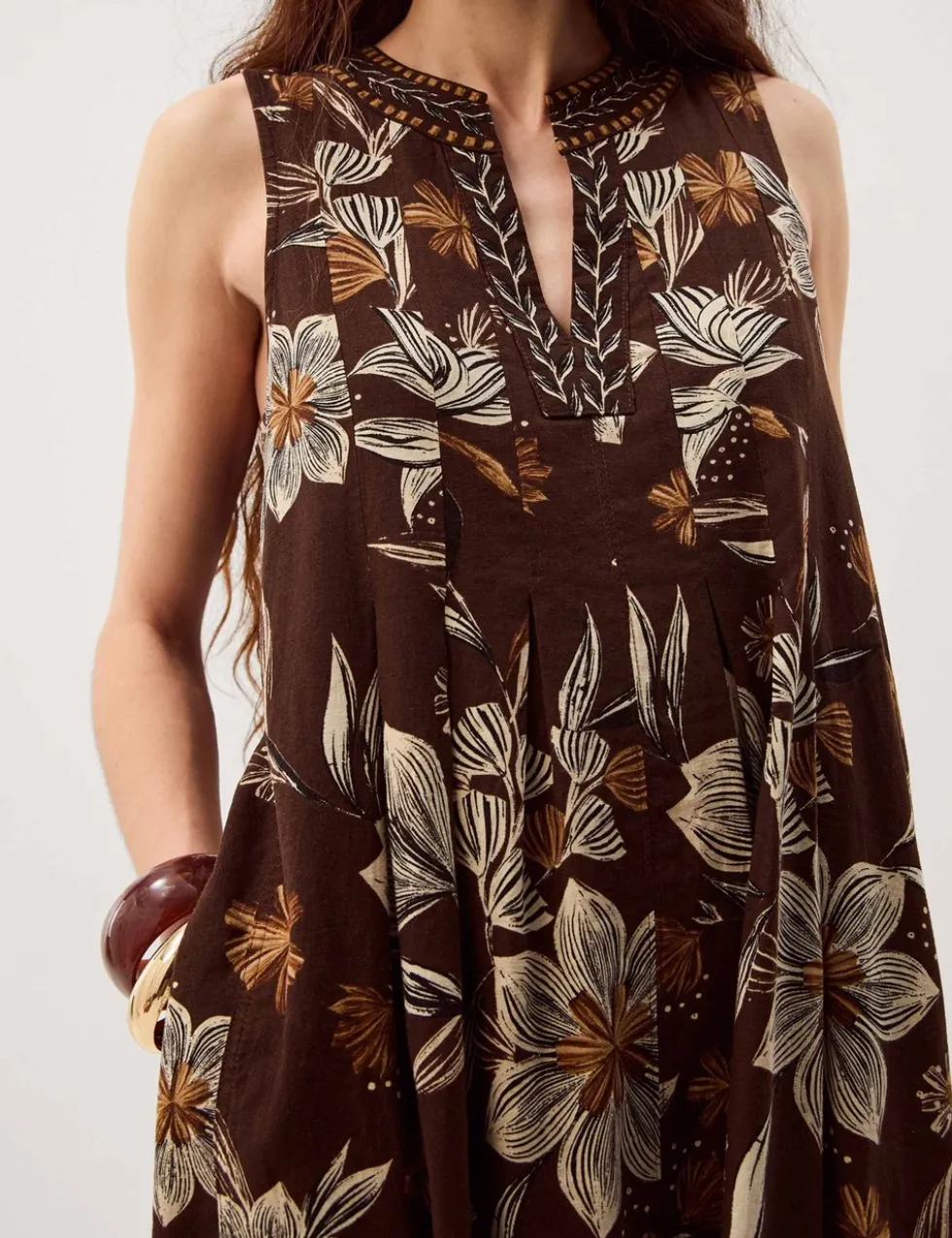 Linen Rich Floral V-Neck Midi Shift Dress