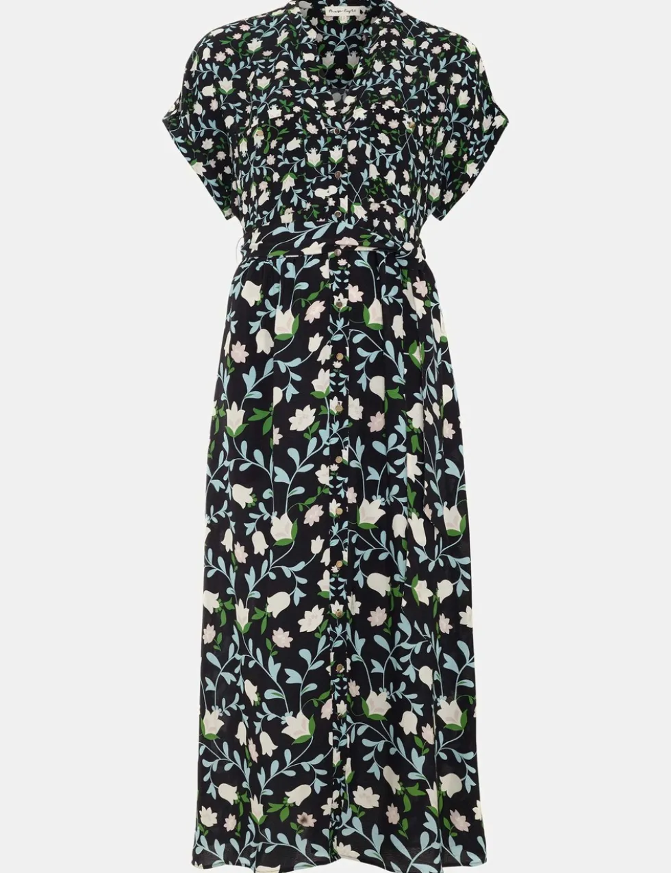 Linen Rich Floral V-Neck Midi Shirt Dress
