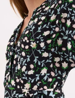 Linen Rich Floral V-Neck Midi Shirt Dress