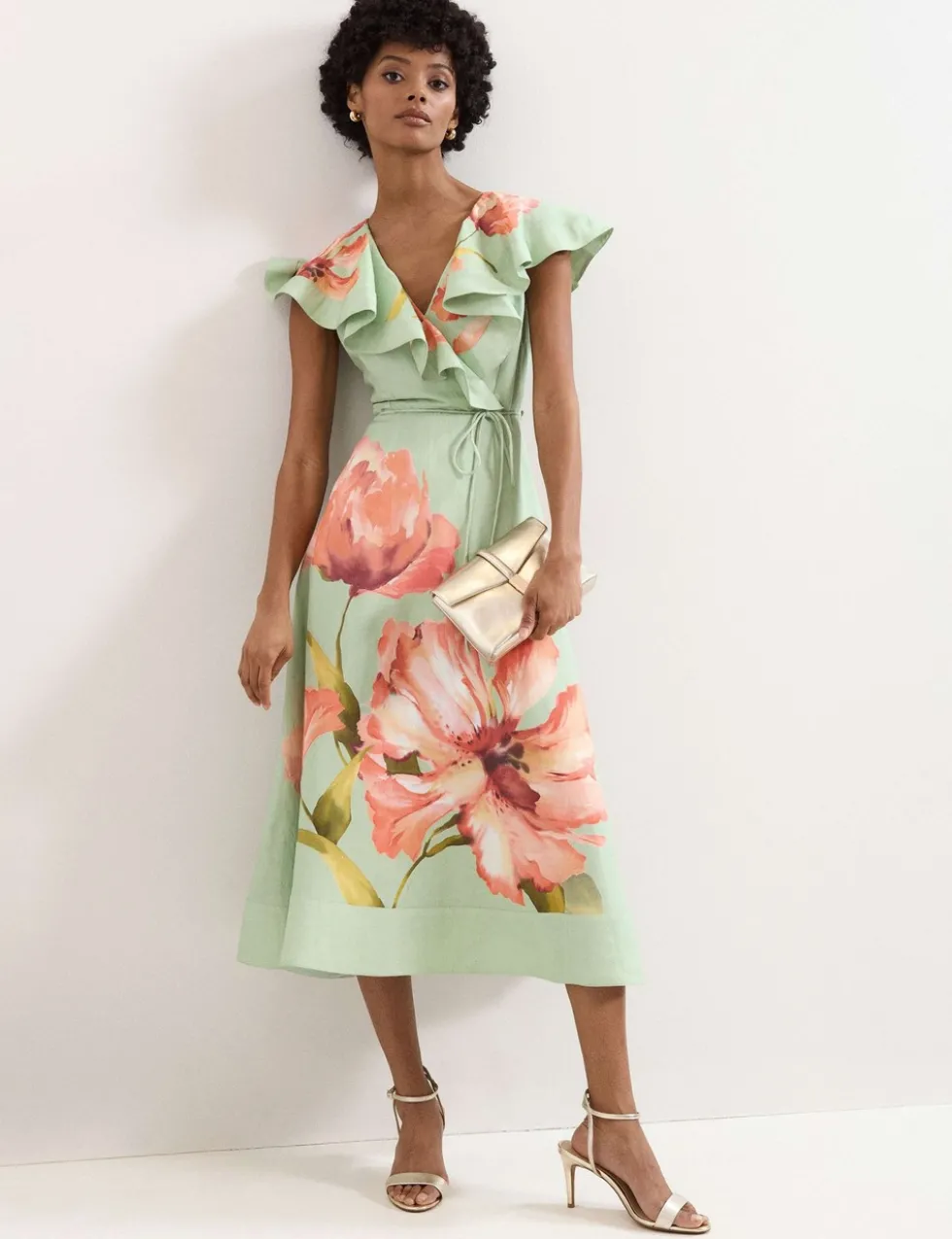 Linen Rich Floral V-Neck Midi Waisted Dress