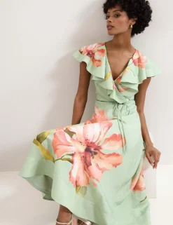 Linen Rich Floral V-Neck Midi Waisted Dress