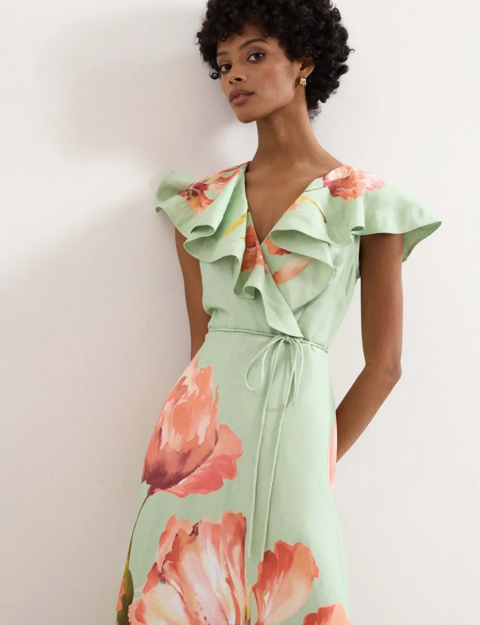 Linen Rich Floral V-Neck Midi Waisted Dress