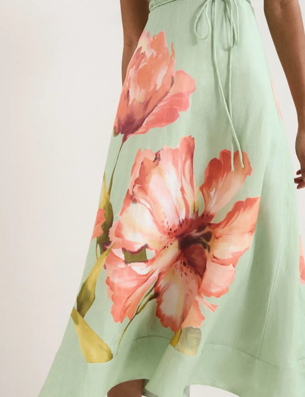 Linen Rich Floral V-Neck Midi Waisted Dress