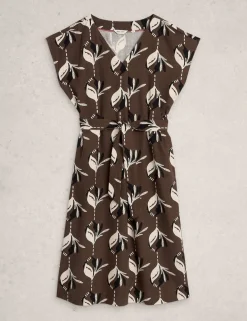 Linen Rich Floral V-Neck Midi Waisted Dress