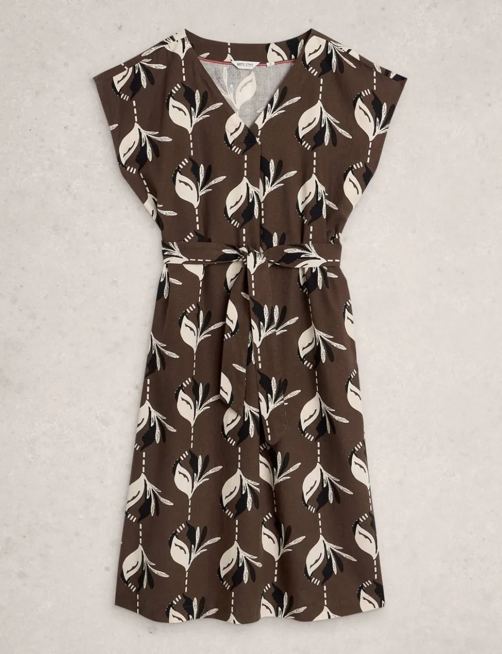 Linen Rich Floral V-Neck Midi Waisted Dress