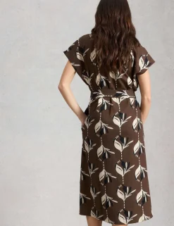 Linen Rich Floral V-Neck Midi Waisted Dress