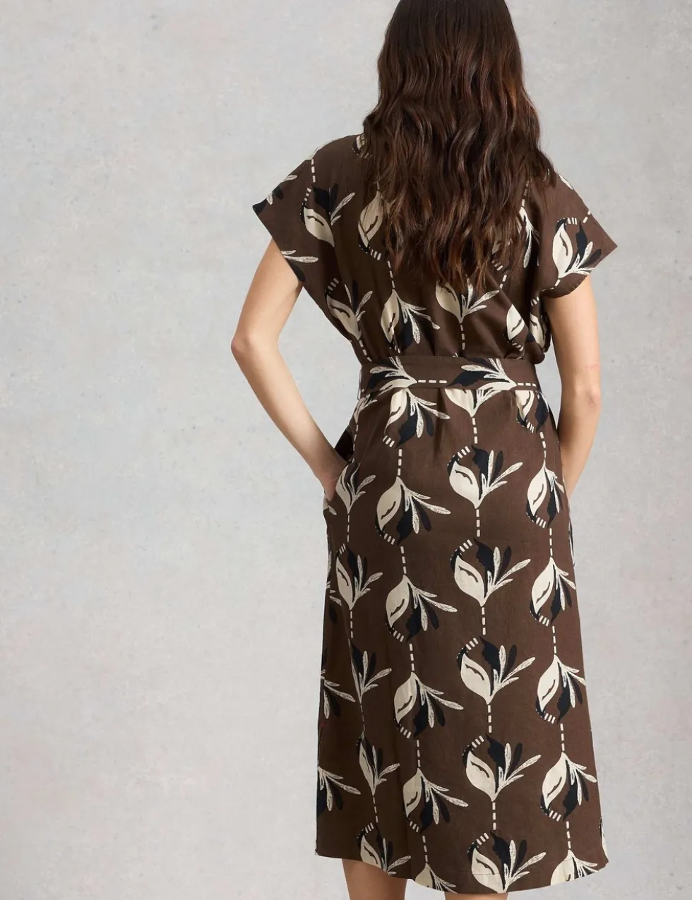 Linen Rich Floral V-Neck Midi Waisted Dress