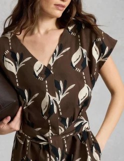 Linen Rich Floral V-Neck Midi Waisted Dress