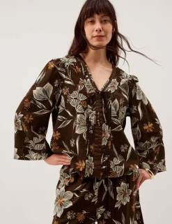 Linen Rich Floral V-Neck Tie Detail Blouse