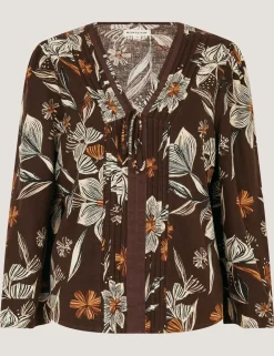 Linen Rich Floral V-Neck Tie Detail Blouse