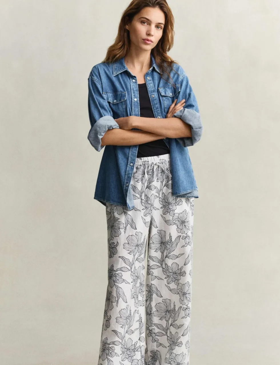 Linen Rich Floral Wide Leg Trousers