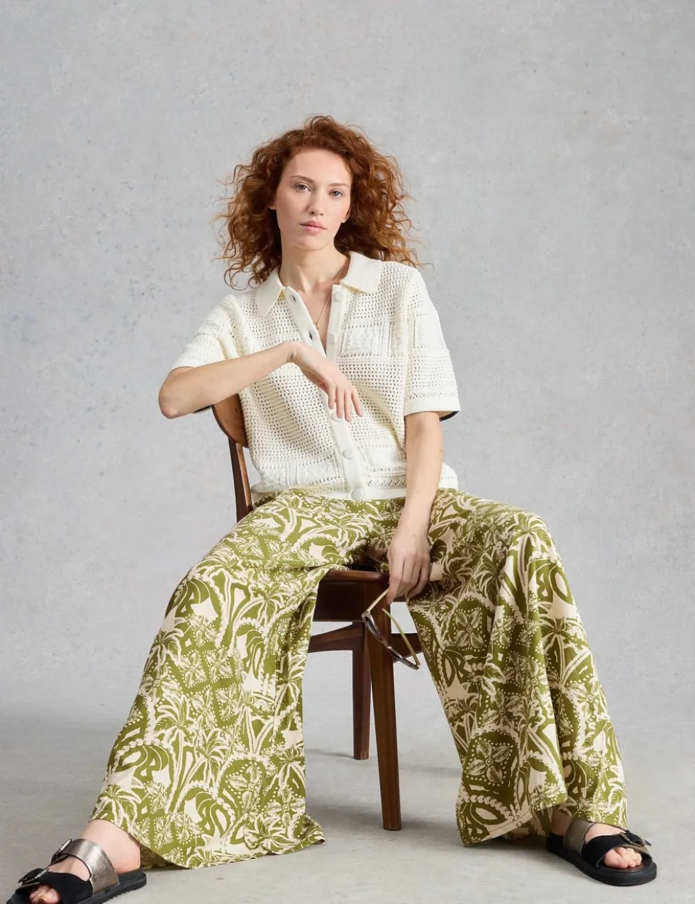 Linen Rich Floral Wide Leg Trousers