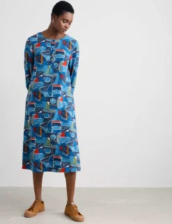 Linen Rich Geometric Midi Shift Dress