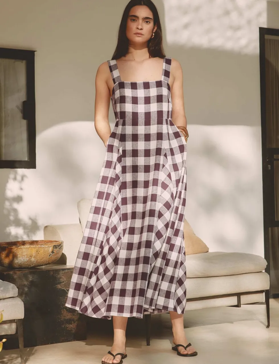 Linen Rich Gingam Midi Apron Dress
