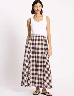 Linen Rich Gingham Midi A-Line Skirt