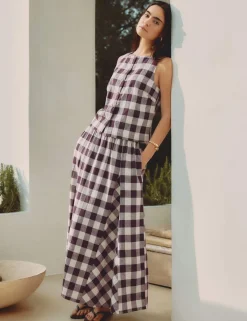 Linen Rich Gingham Midi A-Line Skirt