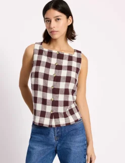 Linen Rich Gingham Square Neck Top